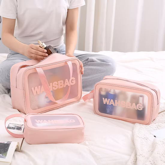 Custom Logo PU PVC Waterproof Trip Black Toiletry Pouch Kits Women Luxury Beauty Makeup Bag Pink Girl Travel Clear Cosmetic Bag