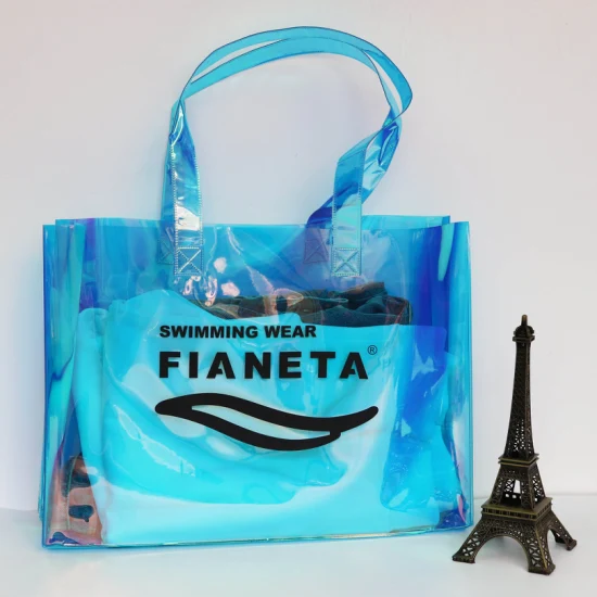 Moda personalizada para compras Transparente Transparente Iridescência PVC Holográfico Tote Bag Panos Cosméticos Embalagem Plástico Mirage Bolsa